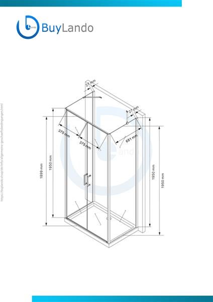 Technische Zeichnung einer Duschkabine mit Maßangaben.