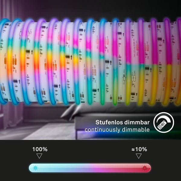 Stufenlos dimmbarer LED-Streifen in verschiedenen Farben mit einer Helligkeitsanzeige von 100 bis circa 10 Prozent.