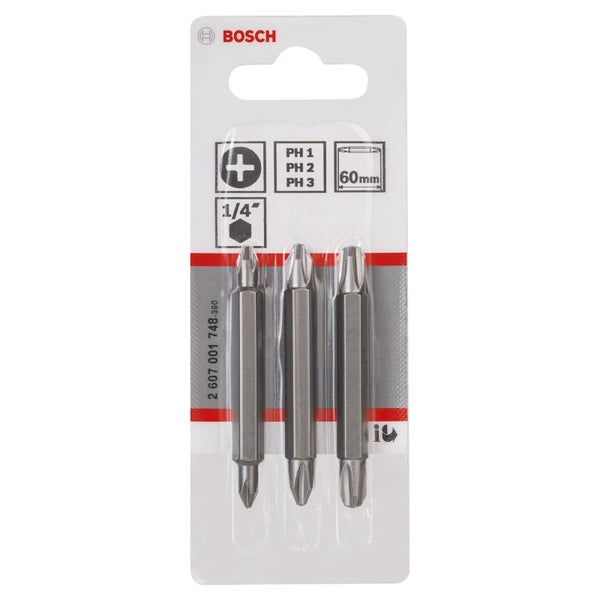 Bosch Logo. Satz mit drei Kreuzschlitzschrauberbits mit 60 Millimeter Länge.