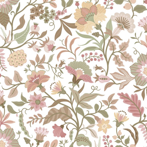 Blumentapetenmuster mit botanischen Motiven, Blüten, Blättern und Beeren in Rosa-, Grün- und Brauntönen.