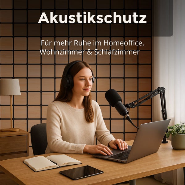 Akustikschutz-Wandpaneele aus Holz in einem modern eingerichteten Homeoffice mit einer Frau am Schreibtisch.