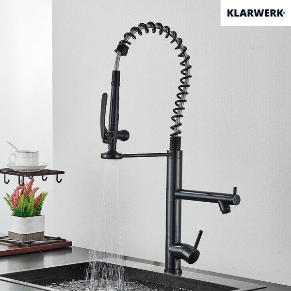 Ben | Gastronomie Schwarz matt Küchenarmatur| Zwei Brausen | Edelstahl Professional Wasserhahn Küche| Doppelspülbecken Restaurant