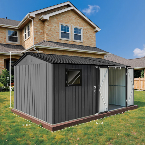 Gartenschuppen aus Metall mit den Maßen 3,00 m x 3,53 m und einer Höhe von 2,13 m