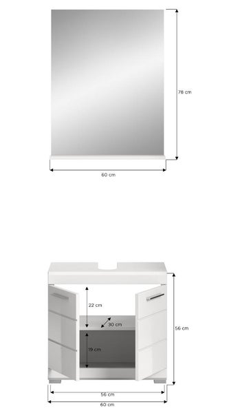 Badezimmermöbel Set mit Spiegel und weißem Unterschrank. Maße für Spiegel: 78 mal 60 Zentimeter, Schrank: 56 mal 60 Zentimeter.
