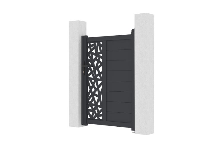 Einflügeliges Gartentor aus Metall mit geometrischem Dekorelement und horizontalen Paneelen zwischen zwei Pfosten.