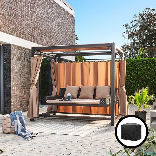 Home Deluxe - Gartenliege - PROVENCE inkl. Abdeckung, Maße: ca. 236 x 180 x 210 cm, Schwebendes Rattanbett inkl. Vorhänge und Schiebedach I Hollywoodschaukel Sonnenliege Schaukelliege
