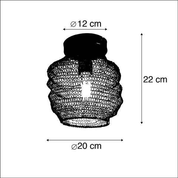 Deckenleuchte mit Drahtgeflecht-Schirm. Maße: Höhe 22 Zentimeter, Durchmesser oben 12 Zentimeter, Durchmesser unten 20 Zentimeter.