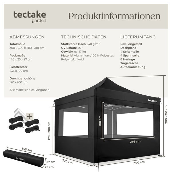 Produktinformationen zu einem schwarzen Pavillon von tectake, inklusive Abmessungen und Lieferumfang.