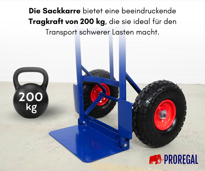 Blaue Sackkarre aus Metall mit Luftreifen und einer Tragkraft von 200 Kilogramm. Proregal Logo.