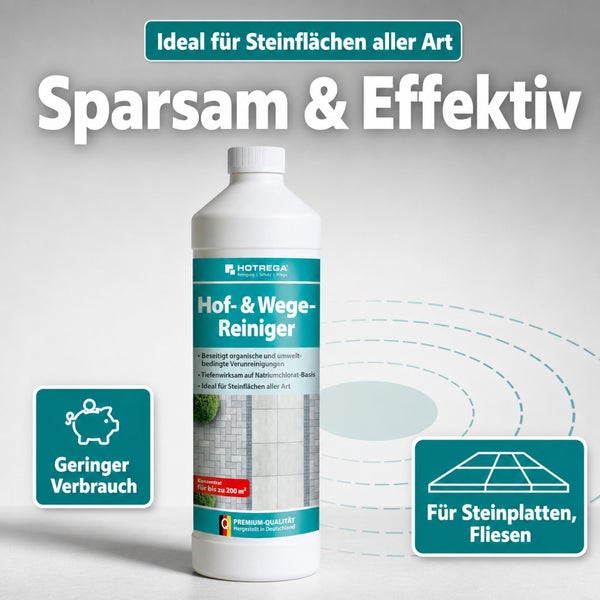 Hotrega Hof- und Wege-Reiniger Konzentrat zur Reinigung von Steinplatten und Fliesen für eine Reichweite von bis zu 200 Quadratmeter.