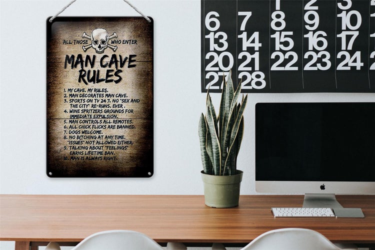 Blechschild Spruch 20x30cm man cave rules Totenkopf