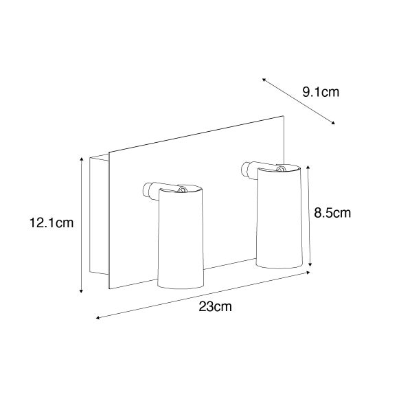Maßzeichnung einer Wandleuchte mit zwei Spots. Breite 23 Zentimeter, Höhe 12,1 Zentimeter und Tiefe 9,1 Zentimeter.