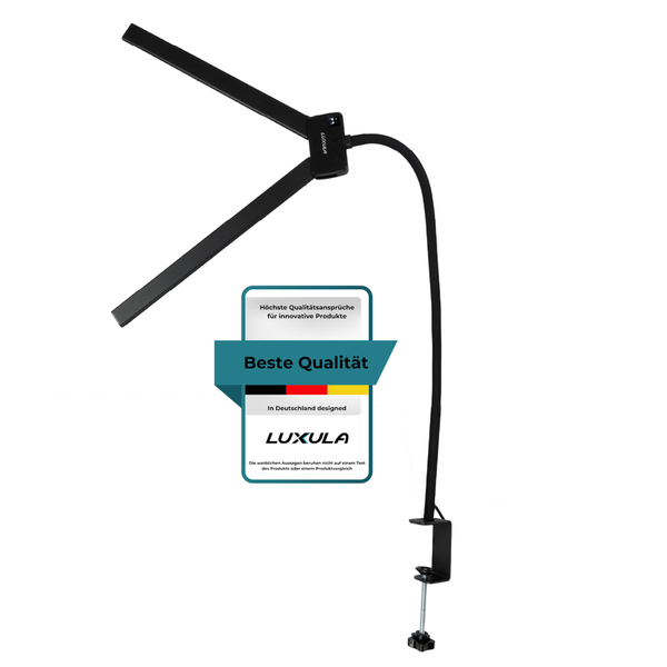 LUXULA Schreibtischleuchte mit zwei verstellbaren Lichtarmen, flexiblem Hals und Tischklemme. Beste Qualität, in Deutschland entworfen.