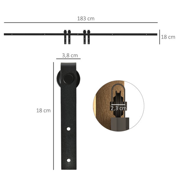 HOMCOM Schiebetürsystem Laufschiene Schiebetürbeschlag für doppelte Holztüren Zubehör Kohlenstoffstahl Schwarz 183 x 0,6 x 18 cm