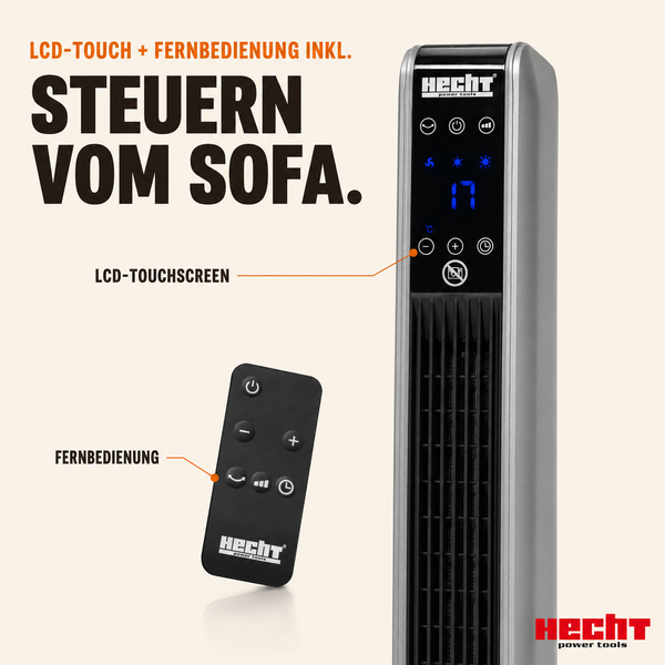 Hecht Turmheizgerät mit digitalem Touchscreen und Fernbedienung für eine komfortable Steuerung.