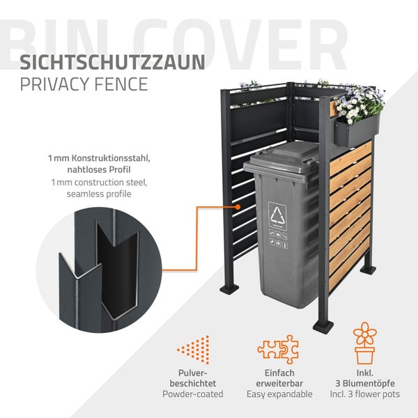 ML-Design Mülltonnenzaun für 1 Mülltonne, Anthrazit-Holzoptik, Stahl, 91x91x150 cm, rostfrei, massiv, Mülltonnenbox Mülltonnenverkleidung Mülltonnenaufbewahrung Garten Sichtschutz, mit 3 Blumenkästen