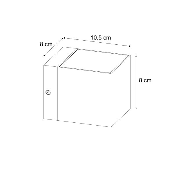 Technische Zeichnung einer Wandleuchte mit den Maßen 8 cm, 8 cm und 10,5 cm.