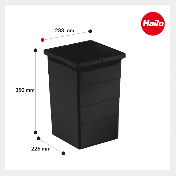 Hailo Logo. Schwarzer Abfalleimer aus Kunststoff mit den Maßen 350 Millimeter Höhe, 233 Millimeter Breite und 226 Millimeter Tiefe.