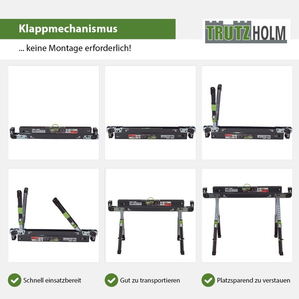 Tragbock von Trutzholm mit Klappmechanismus in verschiedenen Aufstellungen