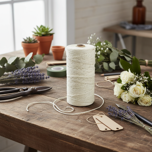 Eine Rolle weißes Baumwollgarn auf einem Holztisch, umgeben von einer Gartenschere, Lavendel, weißen Rosen und Terrakottatöpfen mit Sukkulenten.