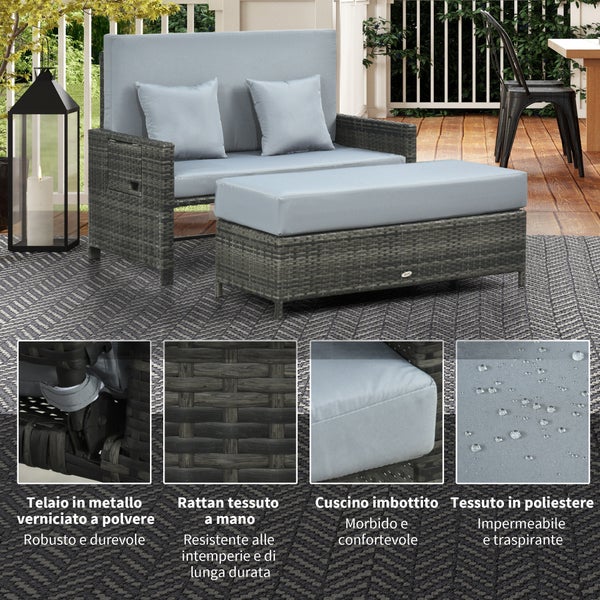 Outsunny Gartensofa, B130x T72 x H96 cm, PE Polyrattan, Metall, grau