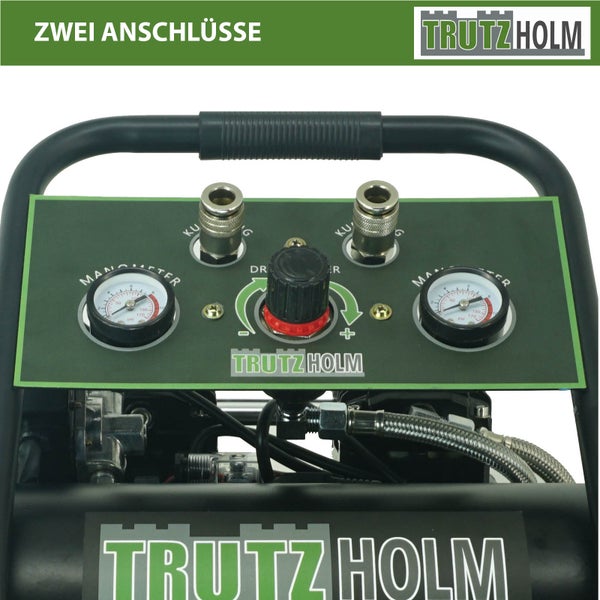 Trutzholm Kompressor Bedieneinheit mit zwei Anschlüssen, zwei Manometern und Druckregler. Trutzholm Logo.