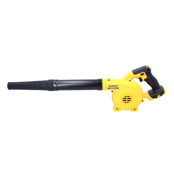 Akku-Laubbläser DeWalt 18 Volt, gelb und schwarz mit langem Blasrohr.