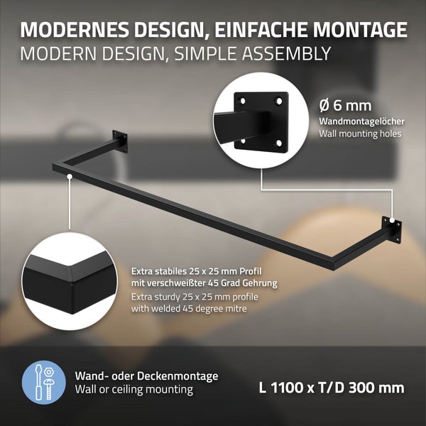 ML-Design 2er Set Kleiderstange Rechteck für die Wand, T30cm x B110cm, Schwarz, aus Stahl, Garderobenstange U-Form, Kleiderständer Wandmontage, Kleidergestell Garderobenhalter, inkl. Montagematerial