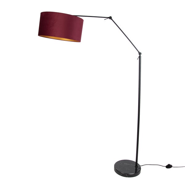 Moderne Bogenstehlampe mit verstellbarem Arm, Stoffschirm und schwerem Marmorfuß.