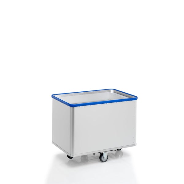 Aluminium-Transportwagen mit blauem Schutzrand und vier Lenkrollen.