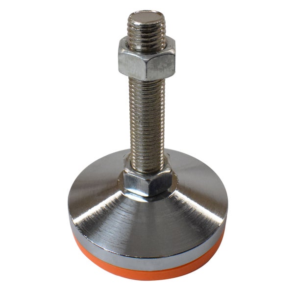 Verstellbarer Möbelfuß aus Metall mit Gewindebolzen, zwei Muttern und runder Basis mit orangefarbenem Gummischutz.