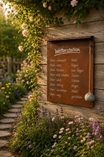 Dekorative Wetterstation aus Metall mit Rostoptik und hängendem Stein als lustiges Gartenschild an einer Holzfassade mit Blumen.