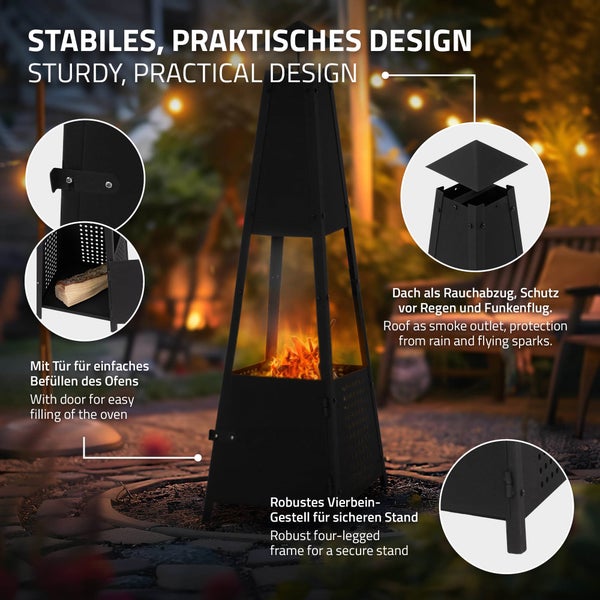 ML-Design Pyramiden Gartenkamin mit Schornstein aus Metall in Schwarz 100 cm hoch, Wetterfester Outdoor Terrassenofen/Terrassenkamin als Feuerschale oder Feuerkorb für Terrasse, Garten & Camping