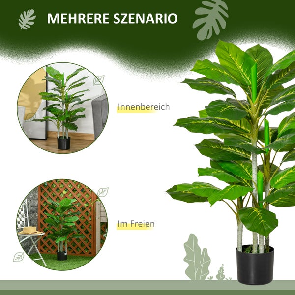 Künstliche Dieffenbachia Pflanze im schwarzen Topf, dargestellt in einem Wohnraum und auf einer Terrasse im Freien.