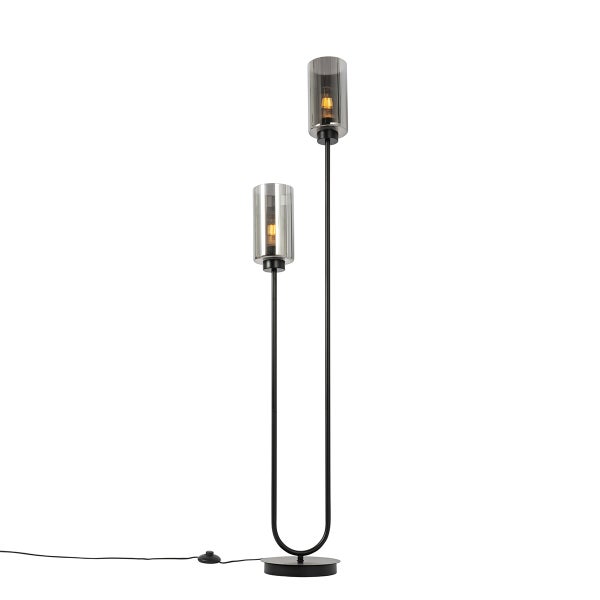 Stehleuchte mit zwei Leuchten und Lampenschirmen aus Glas