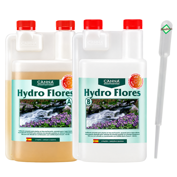 Zweiteiliger CANNA Hydro Flores Blütendünger für weiches Wasser inklusive Pipette für die Hydrokulturpflanzenpflege.