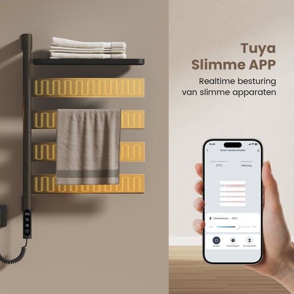 EMKE Elektrischer Badheizkörper mit drehbarem Handtuchhalter und Ablage, Thermostat, WiFi-App- und Sprachsteuerung, Timer – 76 x 450 x 140 mm, Schwarz,125W