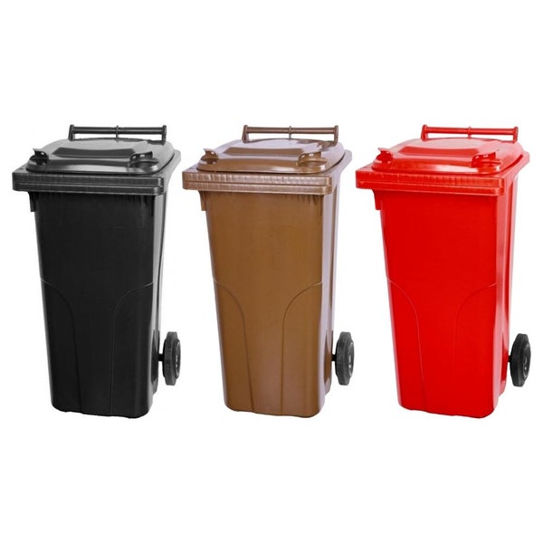 PROREGAL SuperSparSet 3x 2-Rad-Mülltonne Mgb HDPE-Kunststoff 120 Liter Grau/Schwarz & Braun & Rot