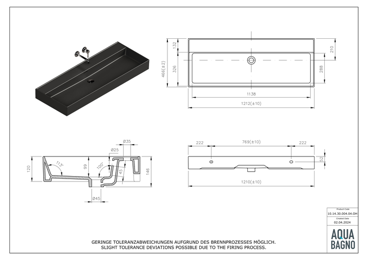Technische Zeichnung eines schwarzen Aufsatzwaschbeckens mit Maßangaben