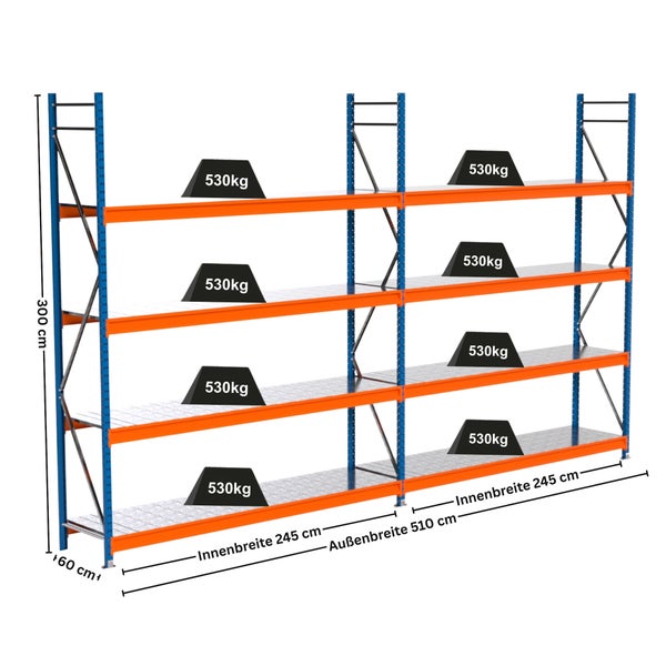 Abmessungen eines Schwerlastregals mit sechs Regalböden und einer Traglast von 530 Kilogramm