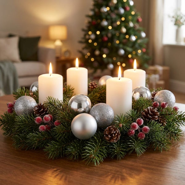 Adventskranz mit vier brennenden Kerzen, dekoriert mit Tannenzweigen, Kugeln und Zapfen, vor einem beleuchteten Weihnachtsbaum.