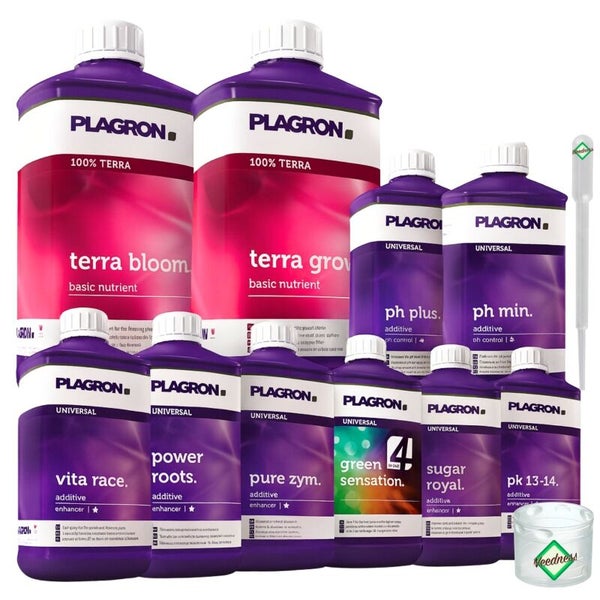 Plagron Düngemittel Sortiment mit Terra Bloom, Terra Grow, Ph Plus, Ph Min, Vita Race, Power Roots, Pure Zym, Green Sensation, Sugar Royal und PK 13-14