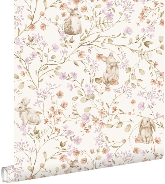 Tapetenrolle mit Hasen- und Blumenmuster