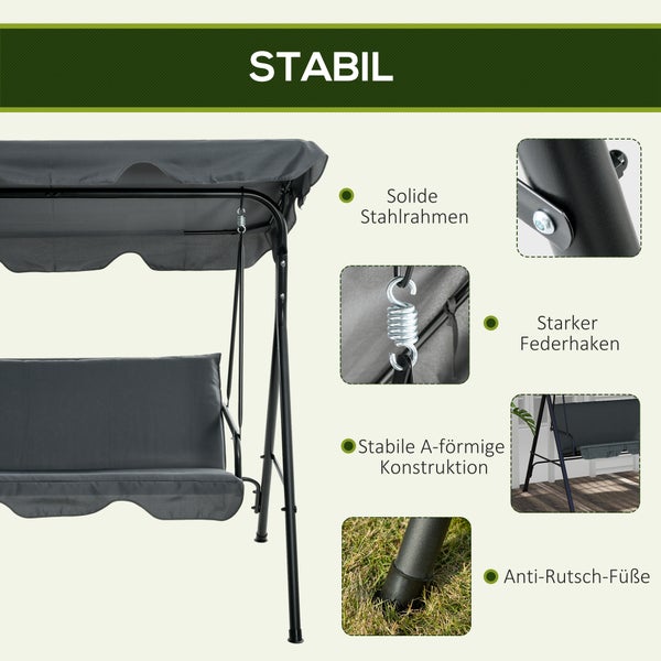Outsunny Hollywoodschaukel mit Sitzpolster, 3-Sitzer Gartenschaukel mit verstellbarem Sonnendach, Schaukelbank belast bis 240 kg, für Garten, Terrasse, 172 x 110 x 153 cm, Grau