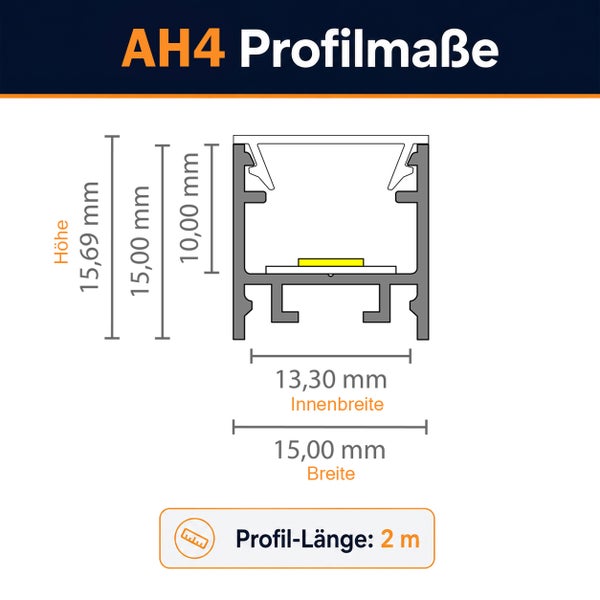 Technische Zeichnung der Profilmaße des LED Aluminium Profils AH4 mit einer Länge von 2 Meter und detaillierten Angaben zu Höhe und Breite.