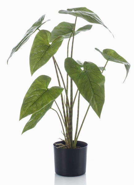 Künstliche Monstera-Pflanze mit großen, geschlitzten grünen Blättern.