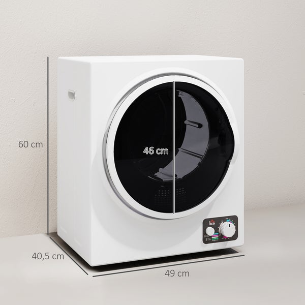 Kompakter weißer Wäschetrockner: Höhe 60 Zentimeter, Breite 49 Zentimeter, Tiefe 40,5 Zentimeter, Trommeldurchmesser 46 Zentimeter.
