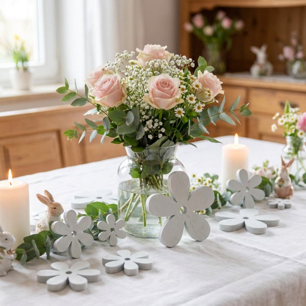 Osterliche Tischdekoration mit Blumenstrauß in Glasvase, Stumpenkerzen, Holzhasen und hölzernen Blumenmotiven auf einem hellen Tischtuch.