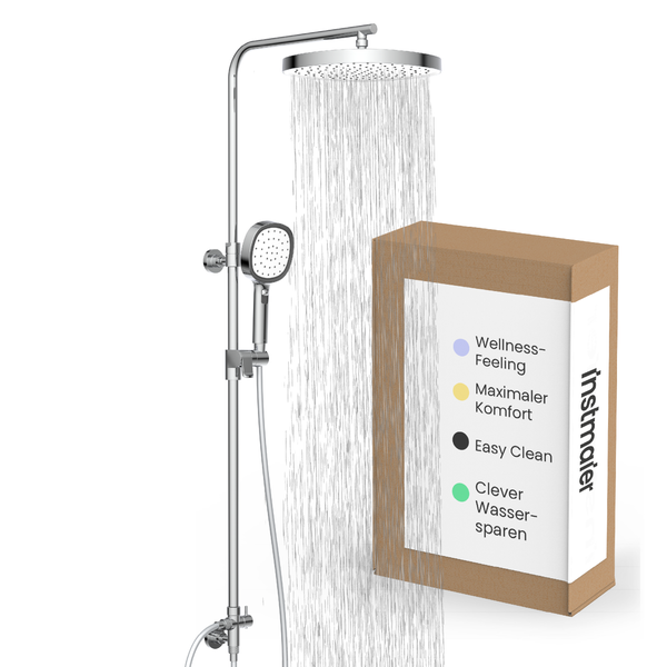 Chromfarbenes instmaier Duschsystem mit runder Regendusche, Handbrause und Verpackung mit Hinweisen zu Komfort, Reinigung und Wassersparen.
