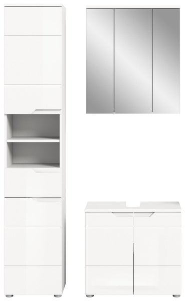 Modernes Badezimmermöbel-Set in Weiß bestehend aus einem Hochschrank mit offenen Regalen, einem dreitürigen Spiegelschrank und einem Waschtischunterschrank.